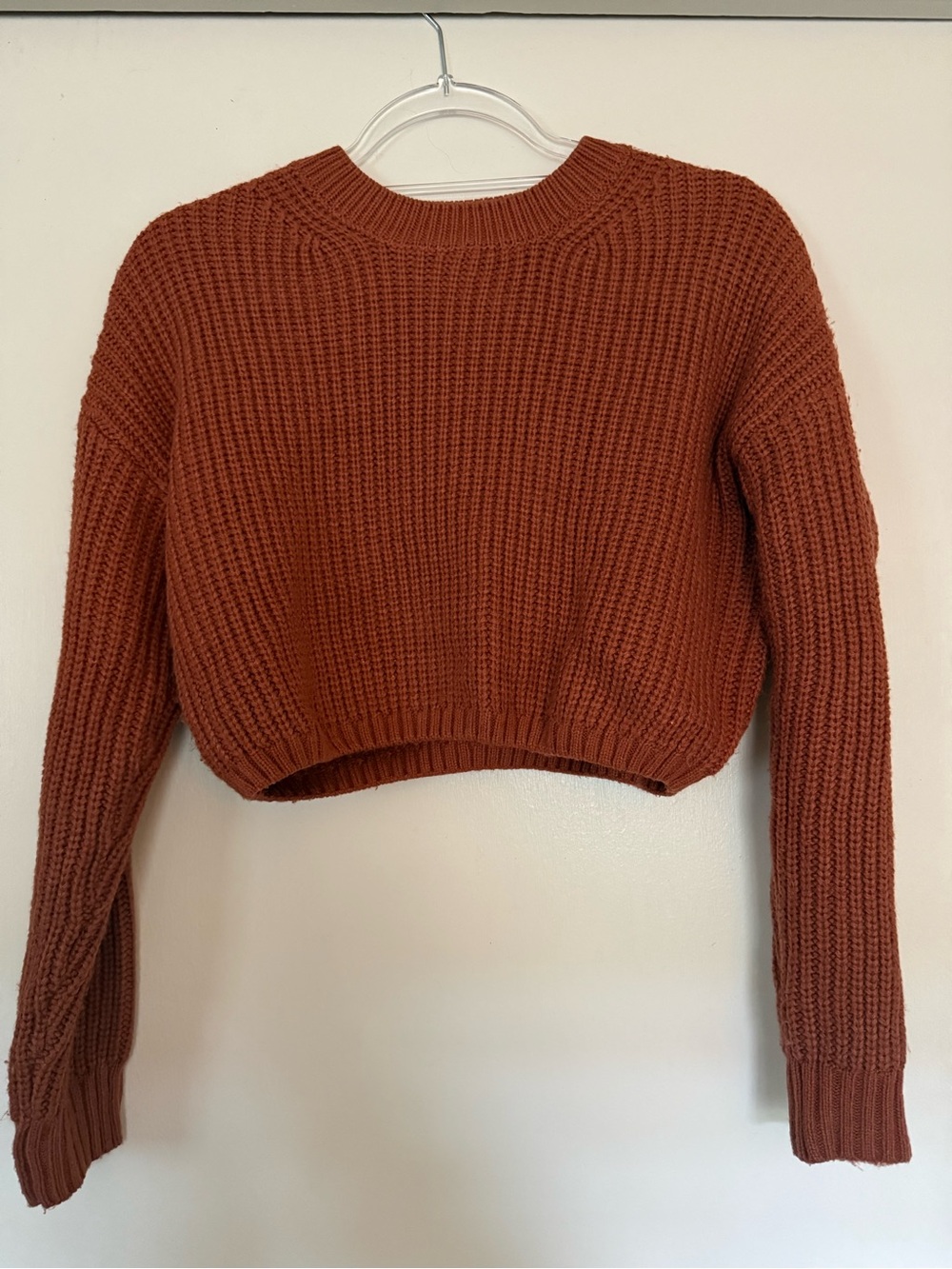 Elodie Cropped Ribbed Crew Sweater - Rust Brown
